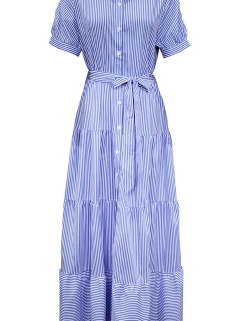Blue Stripe Button-Front Maxi Dress with Waist Tie